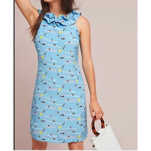 NWT~Larke Anthropologie Harper Ruffled Dress in blue swimmers print~ SP‎